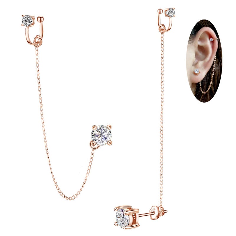 ELEDUCTMON Rose Gold Crystal Ear Cuff Earrings Chain - Sterling Silver Hypoallergenic Cubic Zirconia Ear Cuff Rhinestones Drop Dangle Earrings 2 in 1 earrings Piercing Jewelry Gift for Women - Image 1